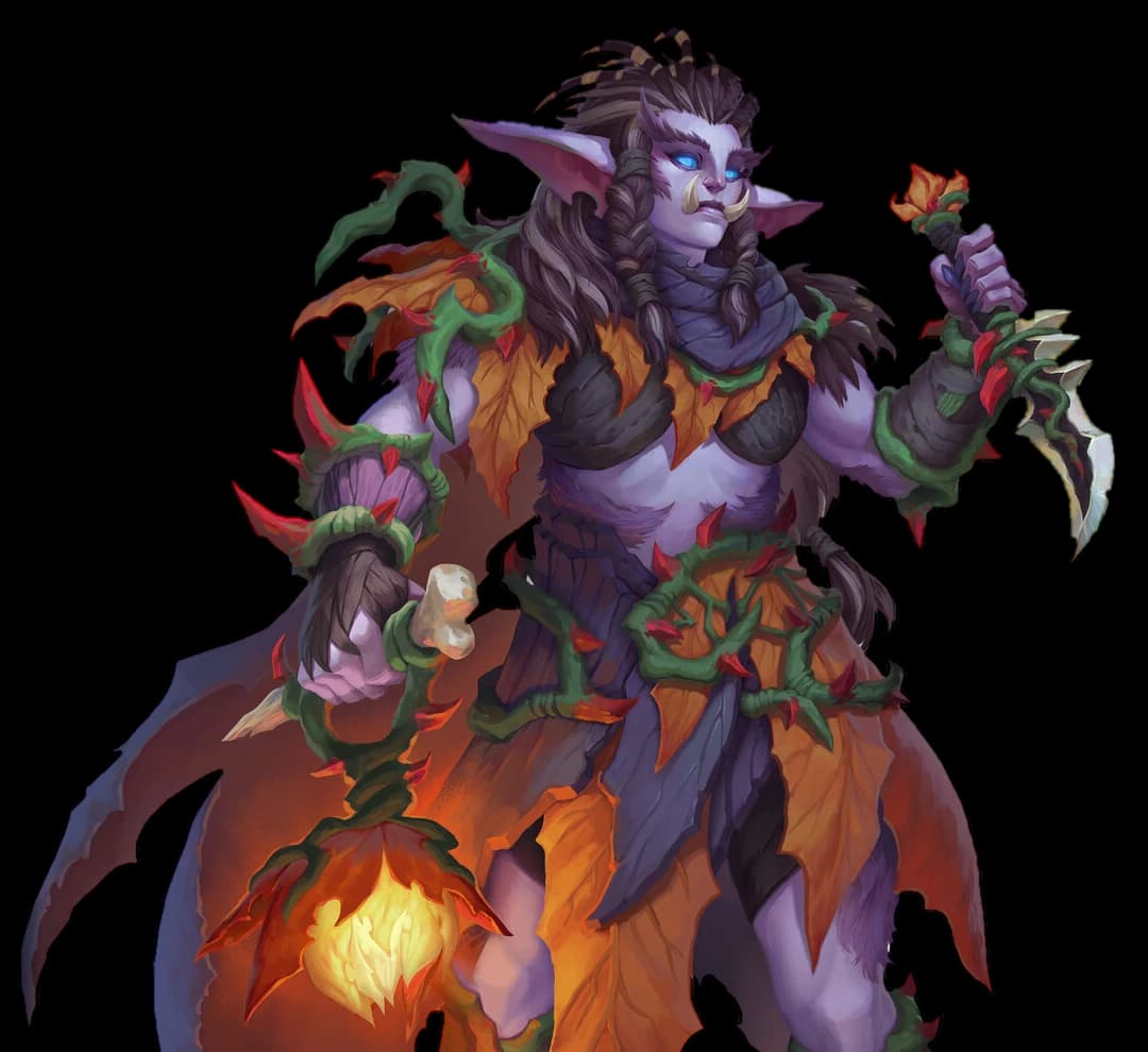 World of Warcraft: Midnight character concept art: a tusked hero with a glowing flower lantern and a thorned dagger